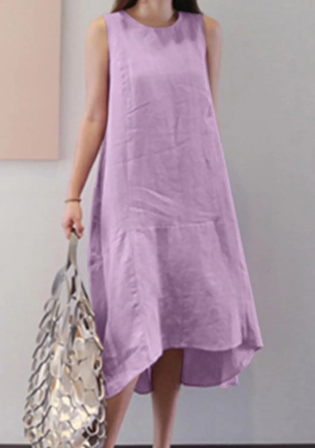 WIWIQS Womens Casual Loose Cotton Linen Tank Dress Solid Color Crew Neck Sleeveless Flowy Midi Dresses