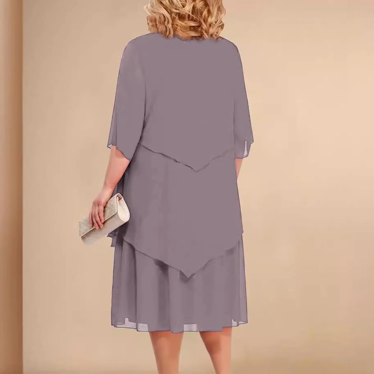 Women 3/4 Sleeve Crewneck Solid Tiered Chiffon Dress Soft Comfy Tulle Business Office Ladies Dresses Casual Plus Size