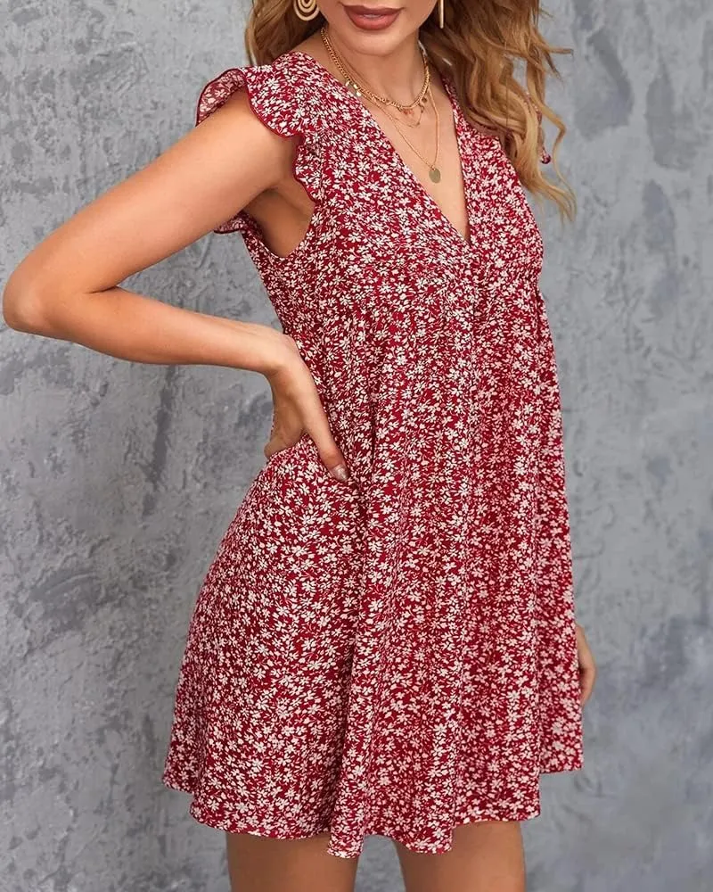 Women Boho Floral Summer Dresses Casual Backless V Neck Mini Dress Ruffle Beach Sundress