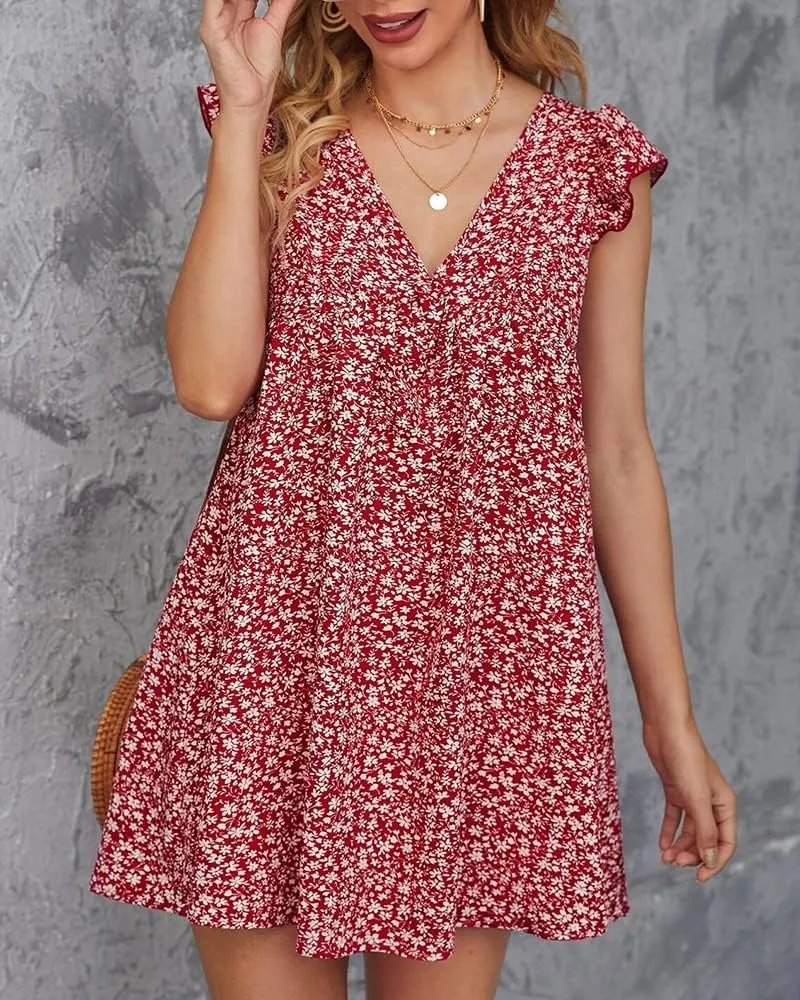 Women Boho Floral Summer Dresses Casual Backless V Neck Mini Dress Ruffle Beach Sundress