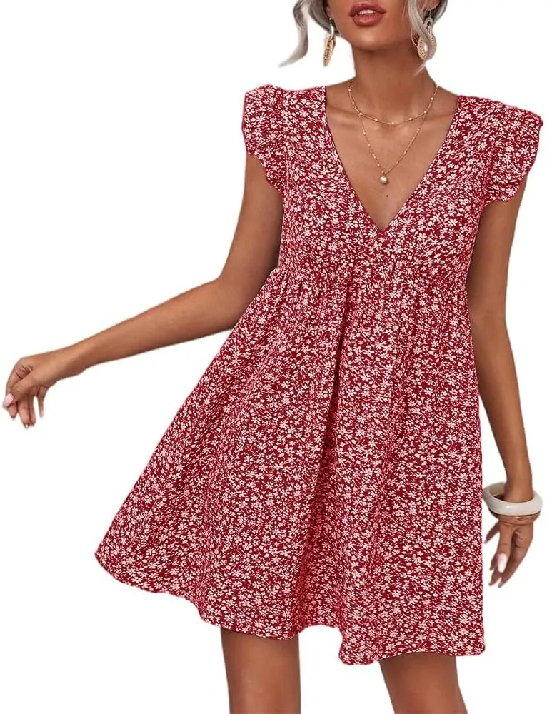 Women Boho Floral Summer Dresses Casual Backless V Neck Mini Dress Ruffle Beach Sundress