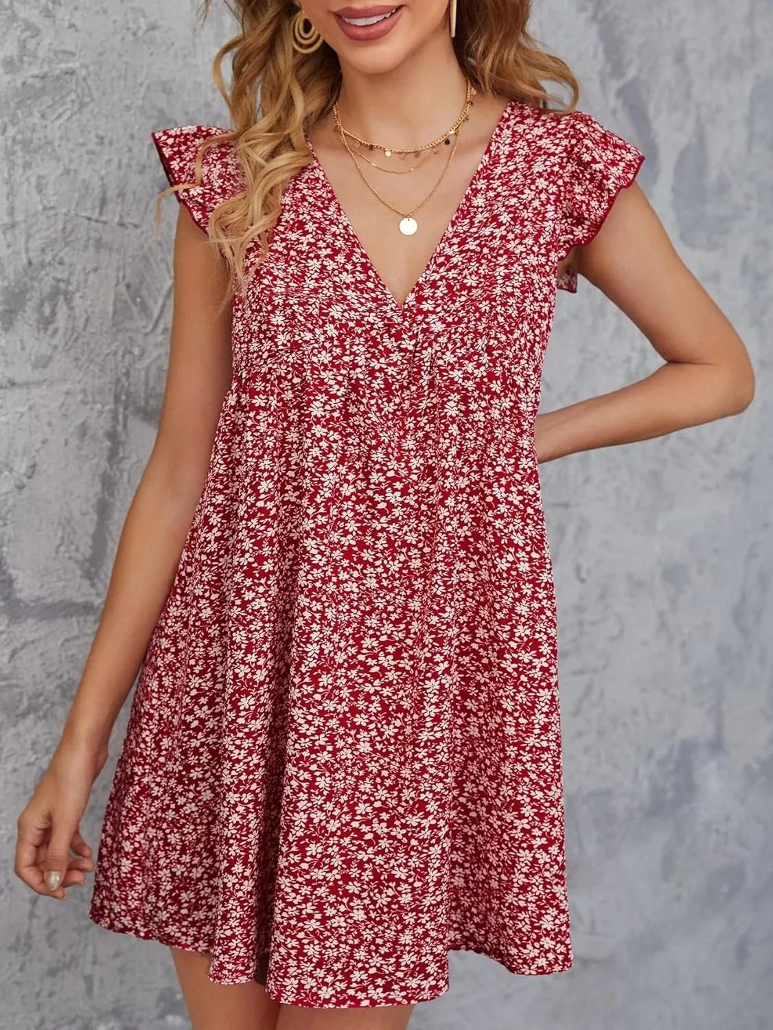 Women Boho Floral Summer Dresses Casual Backless V Neck Mini Dress Ruffle Beach Sundress