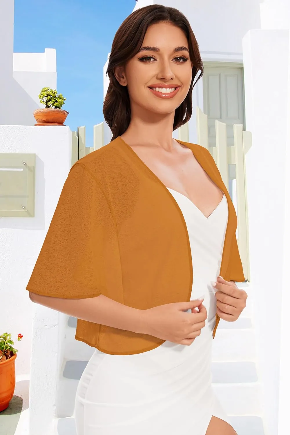 Women Bolero Shrug Cardigan Open Front Cover Up Sheer Short Sleeve Kimonos for Evening Dress