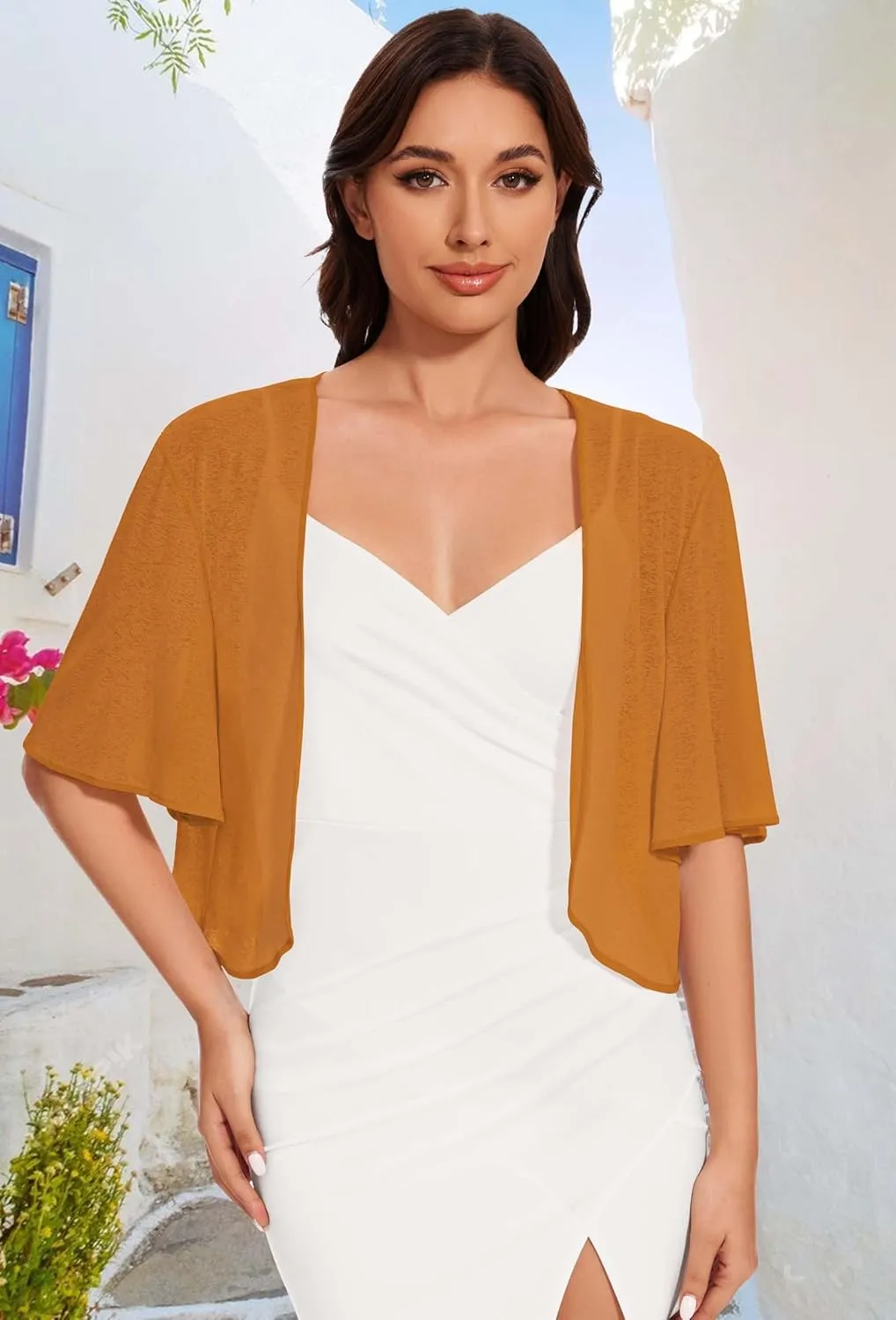Women Bolero Shrug Cardigan Open Front Cover Up Sheer Short Sleeve Kimonos for Evening Dress