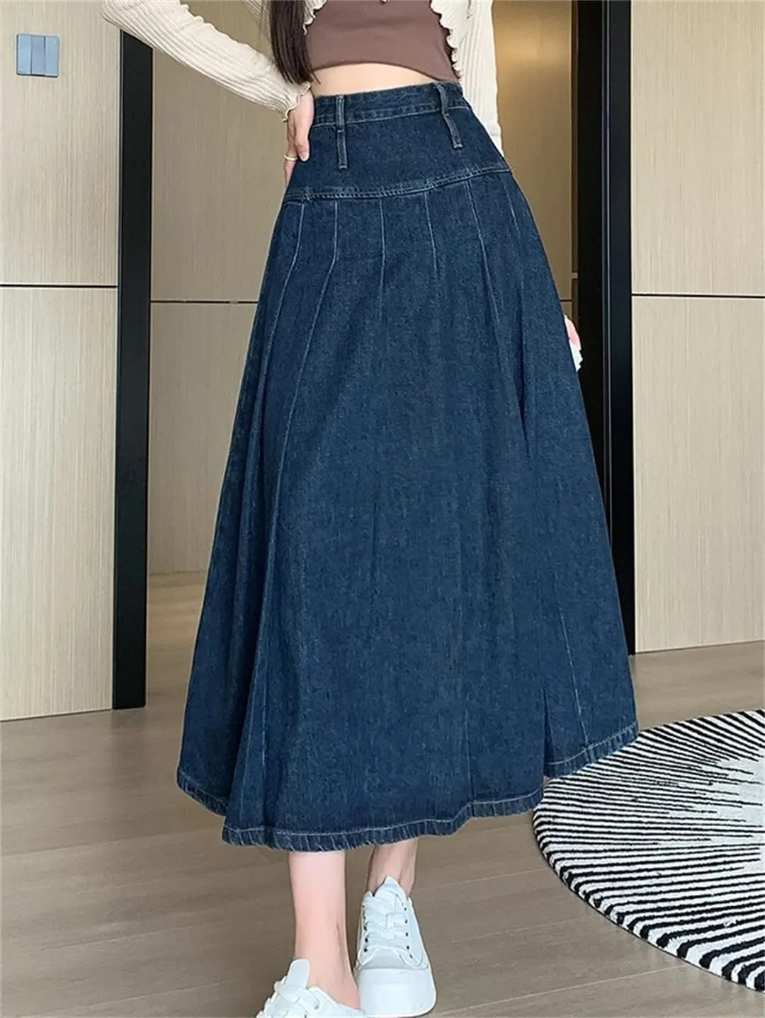 Women Chic Pleated Jeans Skirts High Waist Long Washing Straight Denim Midi Skirts