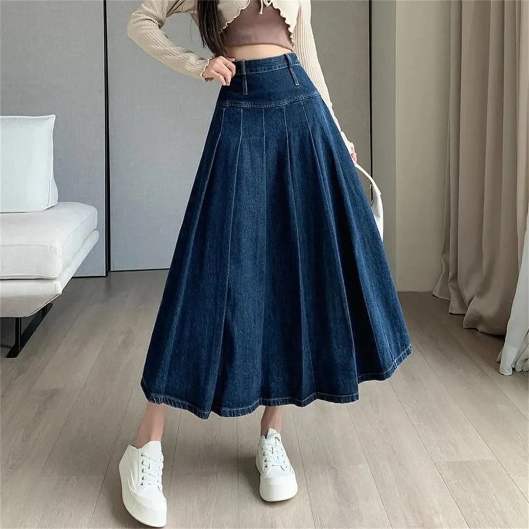 Women Chic Pleated Jeans Skirts High Waist Long Washing Straight Denim Midi Skirts