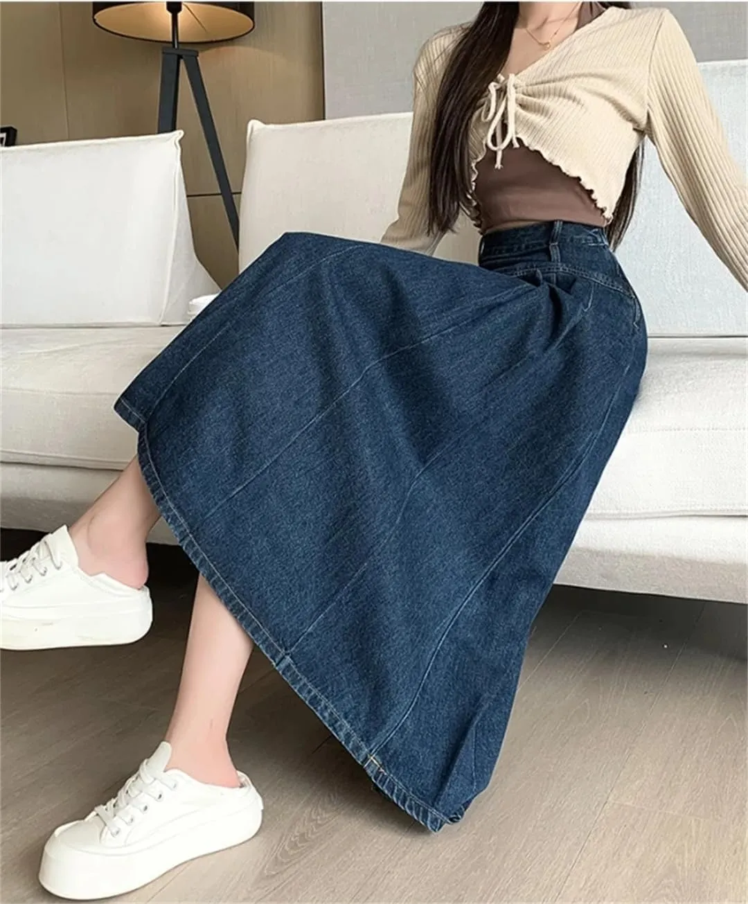 Women Chic Pleated Jeans Skirts High Waist Long Washing Straight Denim Midi Skirts