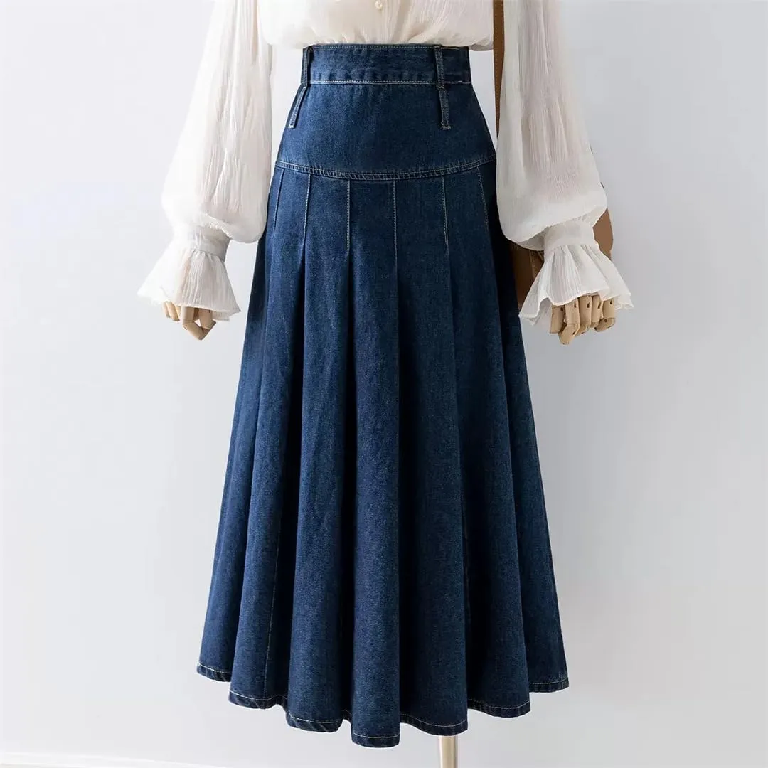 Women Chic Pleated Jeans Skirts High Waist Long Washing Straight Denim Midi Skirts