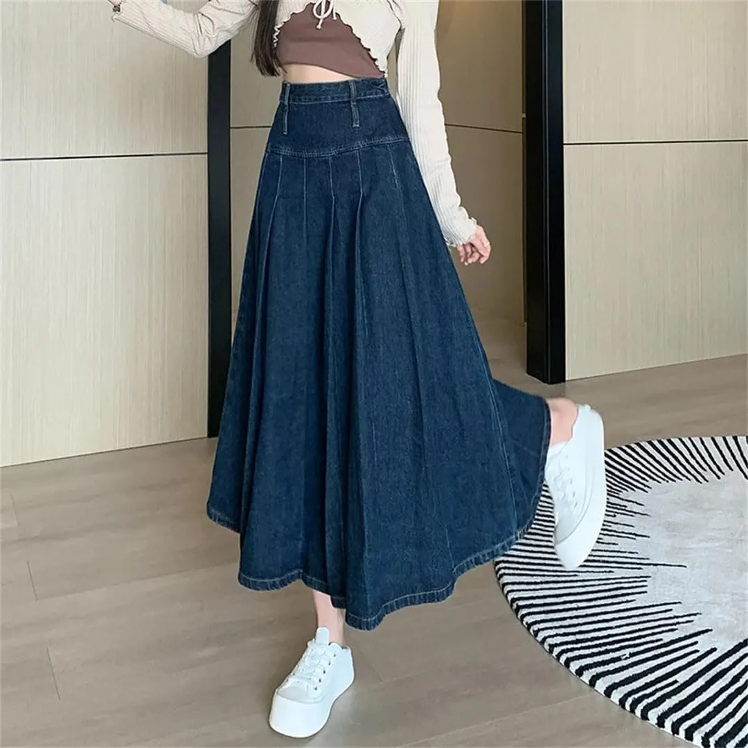 Women Chic Pleated Jeans Skirts High Waist Long Washing Straight Denim Midi Skirts