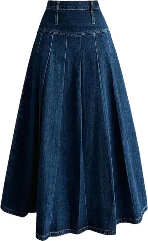 Women Chic Pleated Jeans Skirts High Waist Long Washing Straight Denim Midi Skirts