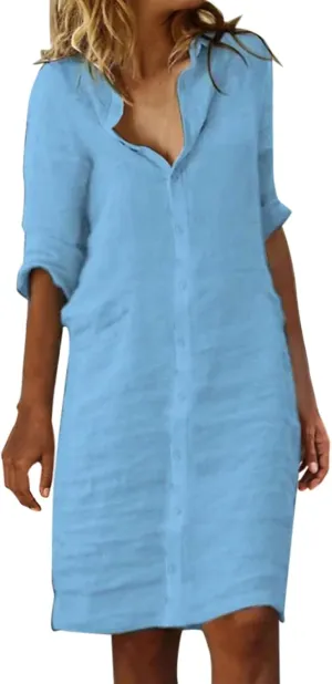 Women Cotton and Linen Shirt Dress Casual Loose Maxi Dresses Women Chic Button Down Rolled-Up Sleeve Long Cotton Blouse Dress