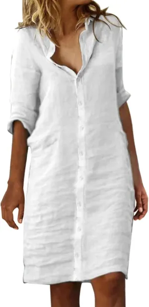 Women Cotton and Linen Shirt Dress Casual Loose Maxi Dresses Women Chic Button Down Rolled-Up Sleeve Long Cotton Blouse Dress