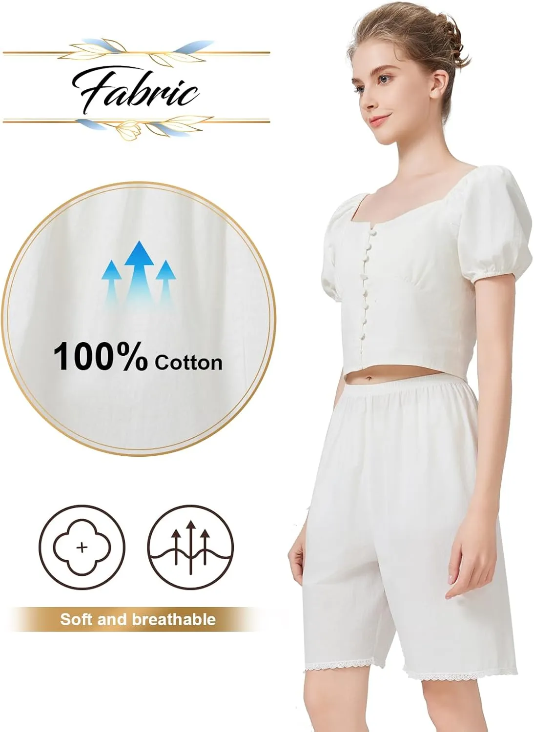 Women Cotton Half Slip Pettipants for Under Dress with Lace Trim Victorian Pajama Pants with Lining