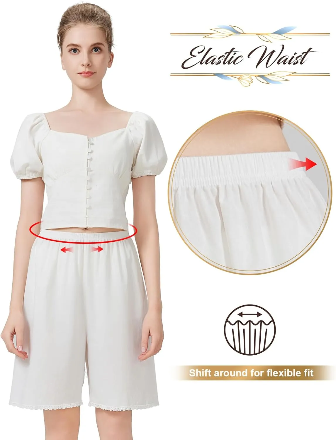 Women Cotton Half Slip Pettipants for Under Dress with Lace Trim Victorian Pajama Pants with Lining