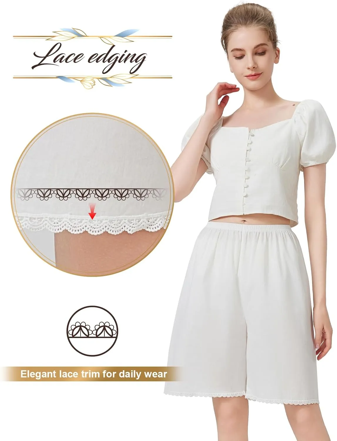 Women Cotton Half Slip Pettipants for Under Dress with Lace Trim Victorian Pajama Pants with Lining