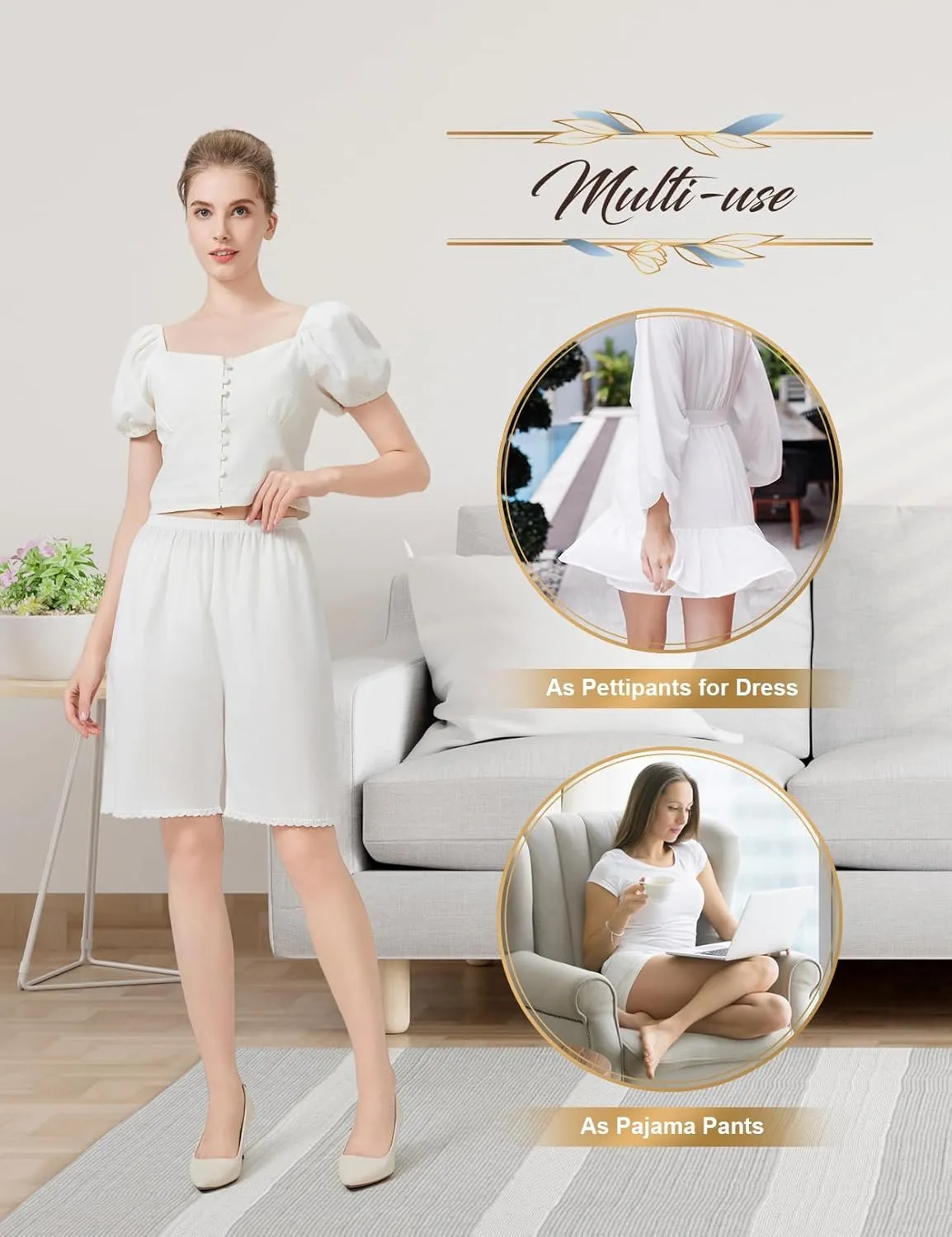 Women Cotton Half Slip Pettipants for Under Dress with Lace Trim Victorian Pajama Pants with Lining