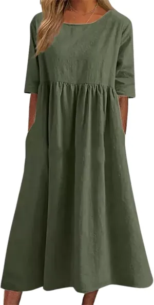 Women Cotton Midi Dress Plus Size V Neck A Linen Summer Dress Casual Linen Loose Maxi Dress with Pockets