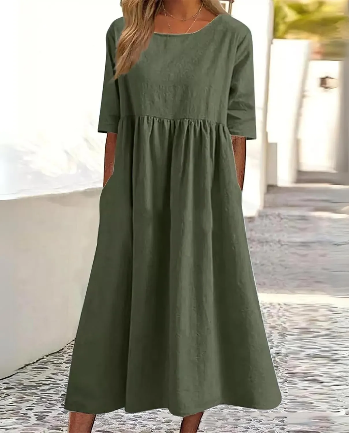 Women Cotton Midi Dress Plus Size V Neck A Linen Summer Dress Casual Linen Loose Maxi Dress with Pockets