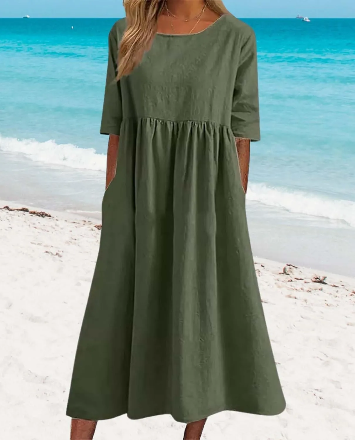 Women Cotton Midi Dress Plus Size V Neck A Linen Summer Dress Casual Linen Loose Maxi Dress with Pockets