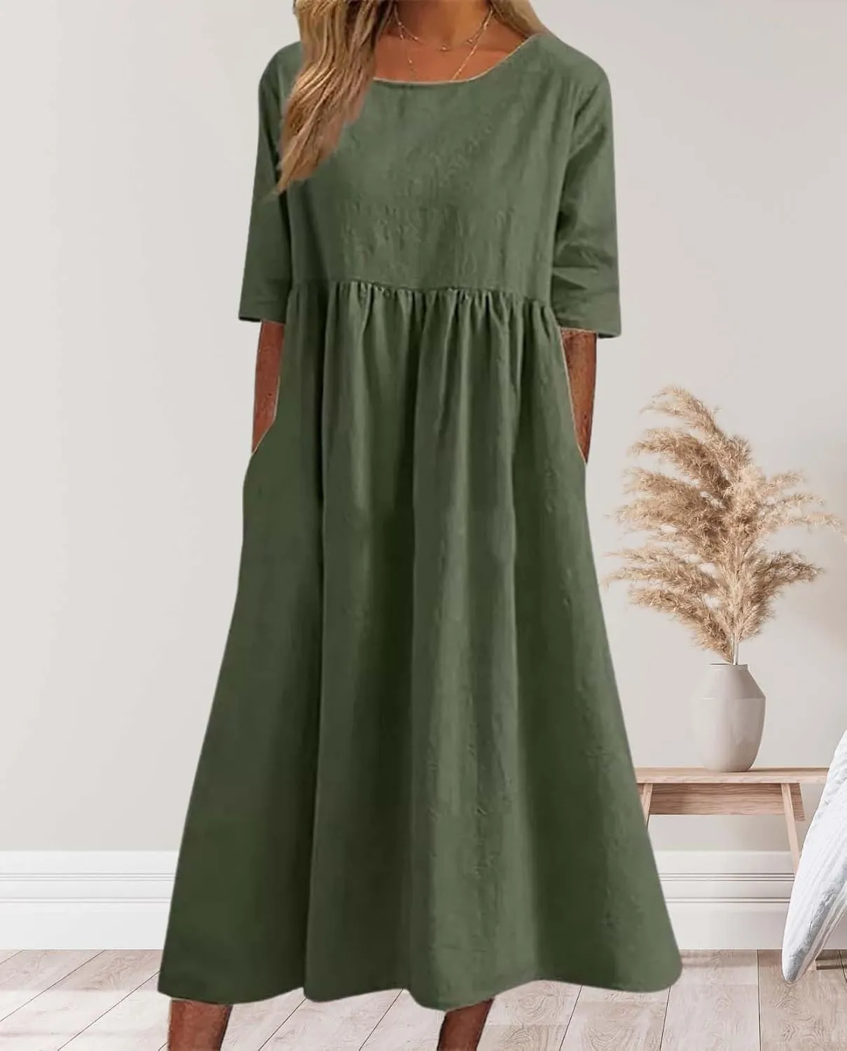 Women Cotton Midi Dress Plus Size V Neck A Linen Summer Dress Casual Linen Loose Maxi Dress with Pockets
