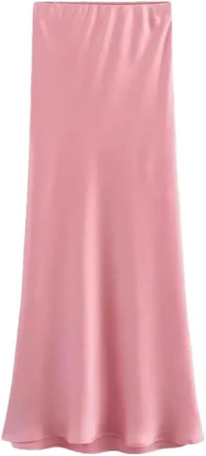 Women Fashion Satin Solid Color Pleated Midi Skirt, Vintage Mid Elastic Waist for Chic Lady