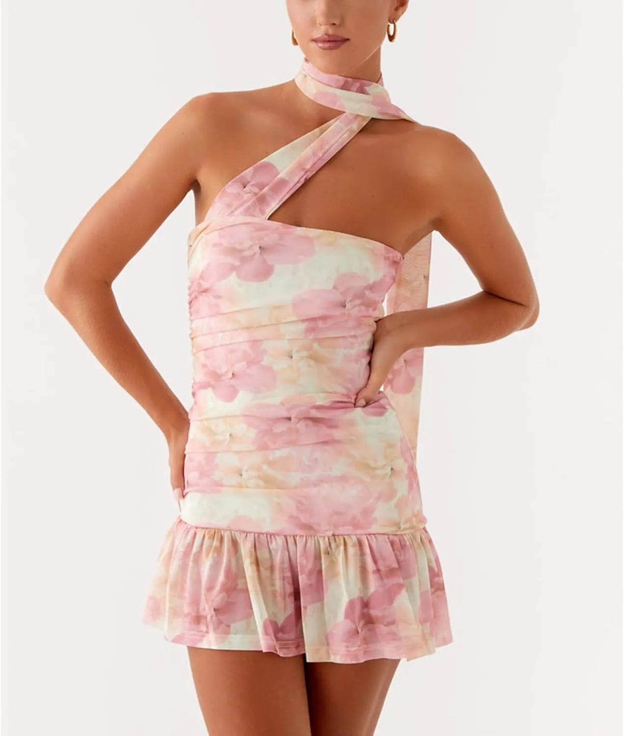 Women Floral Printed Tube Mini Dress Sexy Strapless Solid Color Bodycon Ruffle Hem Bandeau Short Dress with Scarf