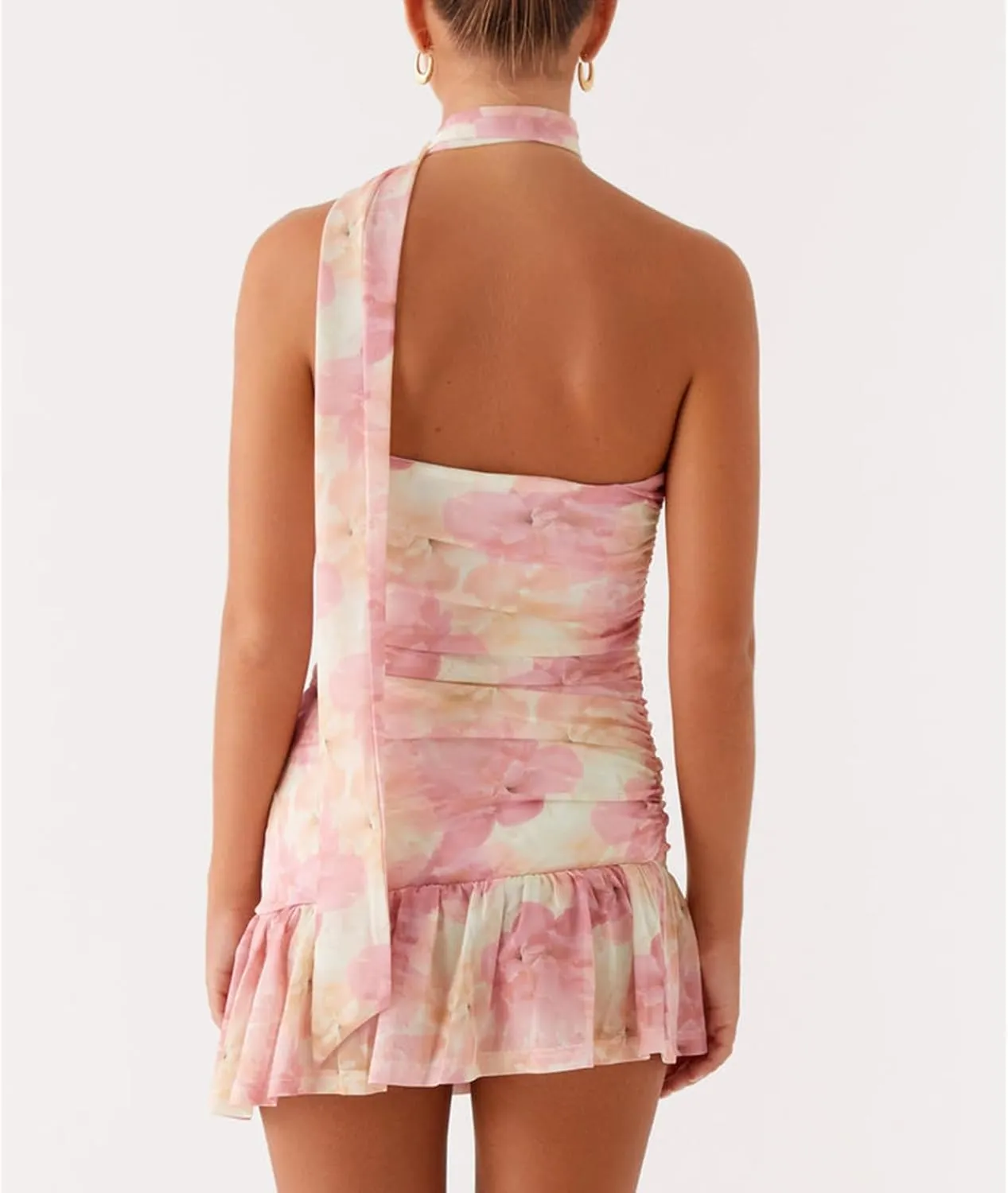 Women Floral Printed Tube Mini Dress Sexy Strapless Solid Color Bodycon Ruffle Hem Bandeau Short Dress with Scarf