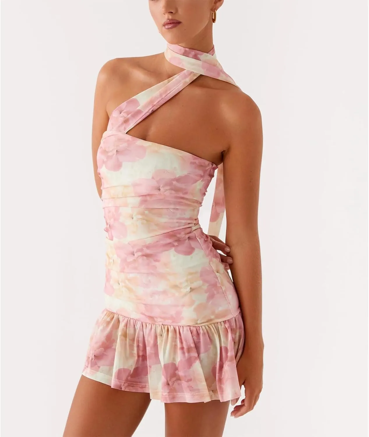 Women Floral Printed Tube Mini Dress Sexy Strapless Solid Color Bodycon Ruffle Hem Bandeau Short Dress with Scarf