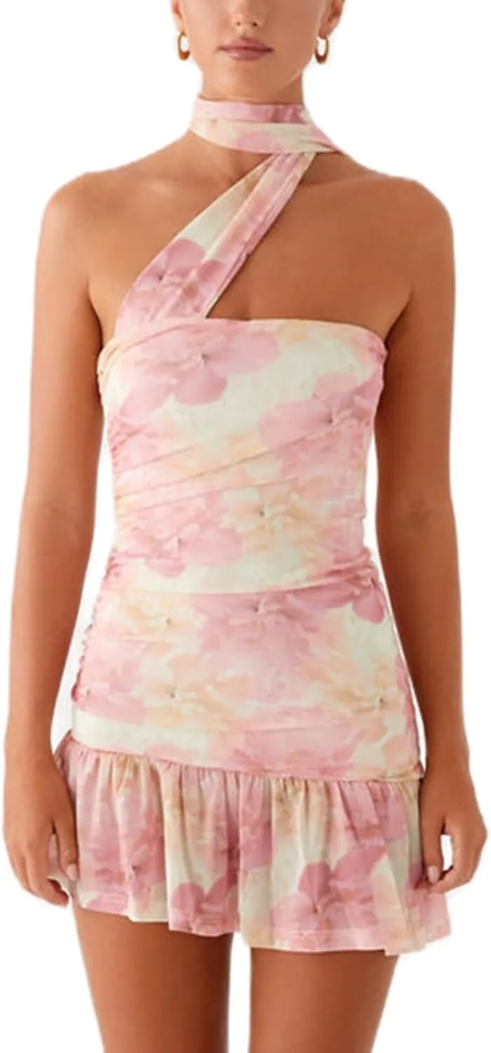Women Floral Printed Tube Mini Dress Sexy Strapless Solid Color Bodycon Ruffle Hem Bandeau Short Dress with Scarf