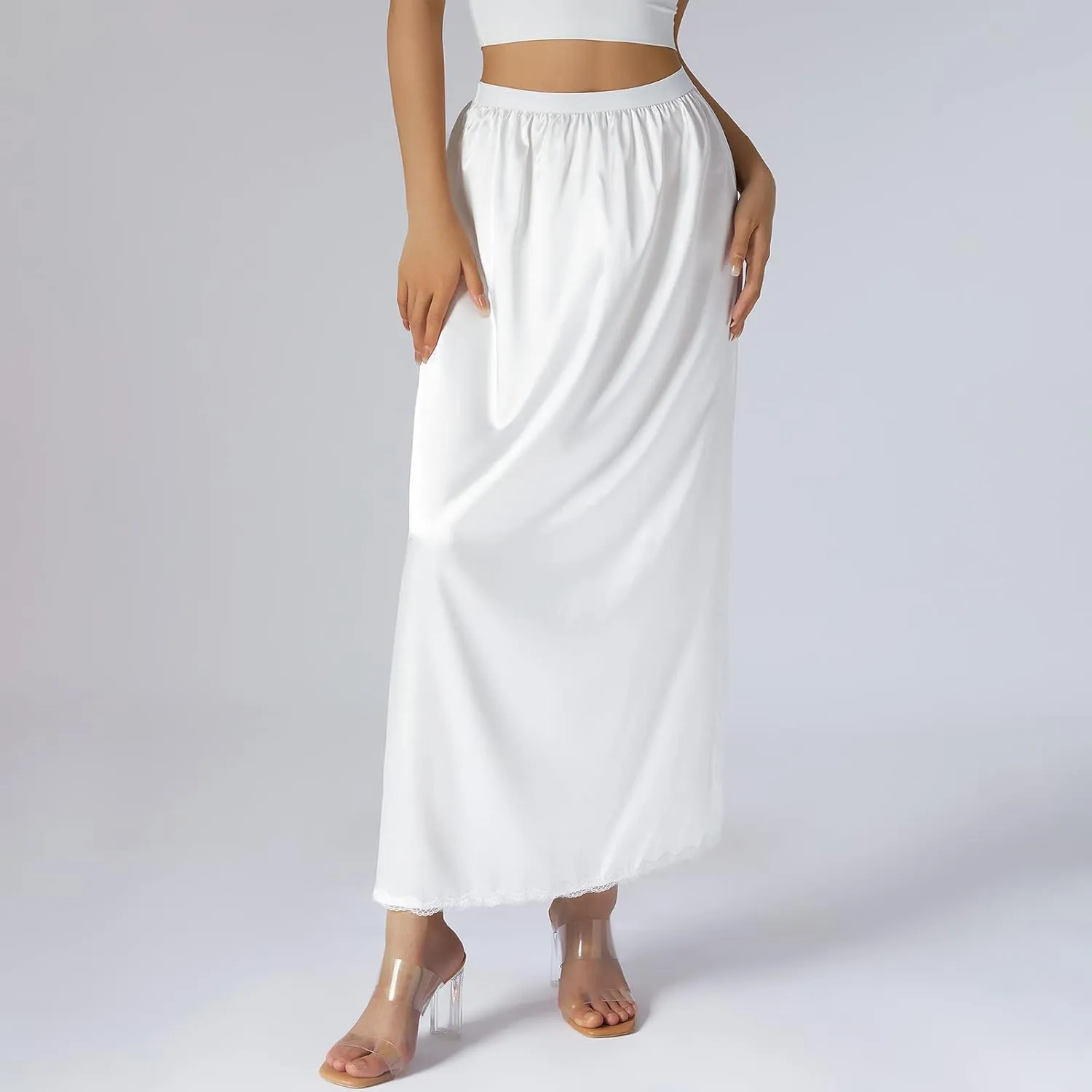 Women Half Slip Soft Satin Half Slip Lace Long Underskirt Half Slips for Under Dresses White/Black/Beige S-XXL