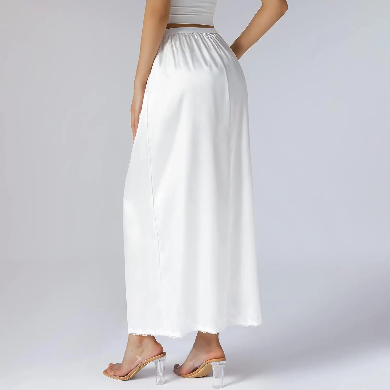 Women Half Slip Soft Satin Half Slip Lace Long Underskirt Half Slips for Under Dresses White/Black/Beige S-XXL