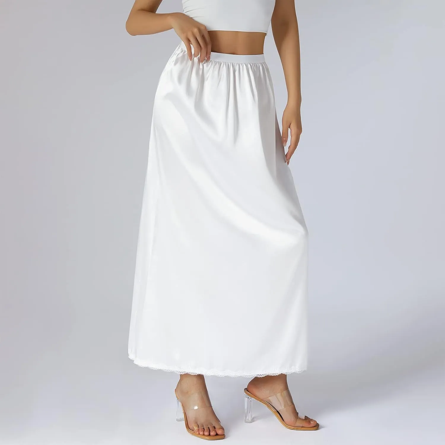 Women Half Slip Soft Satin Half Slip Lace Long Underskirt Half Slips for Under Dresses White/Black/Beige S-XXL