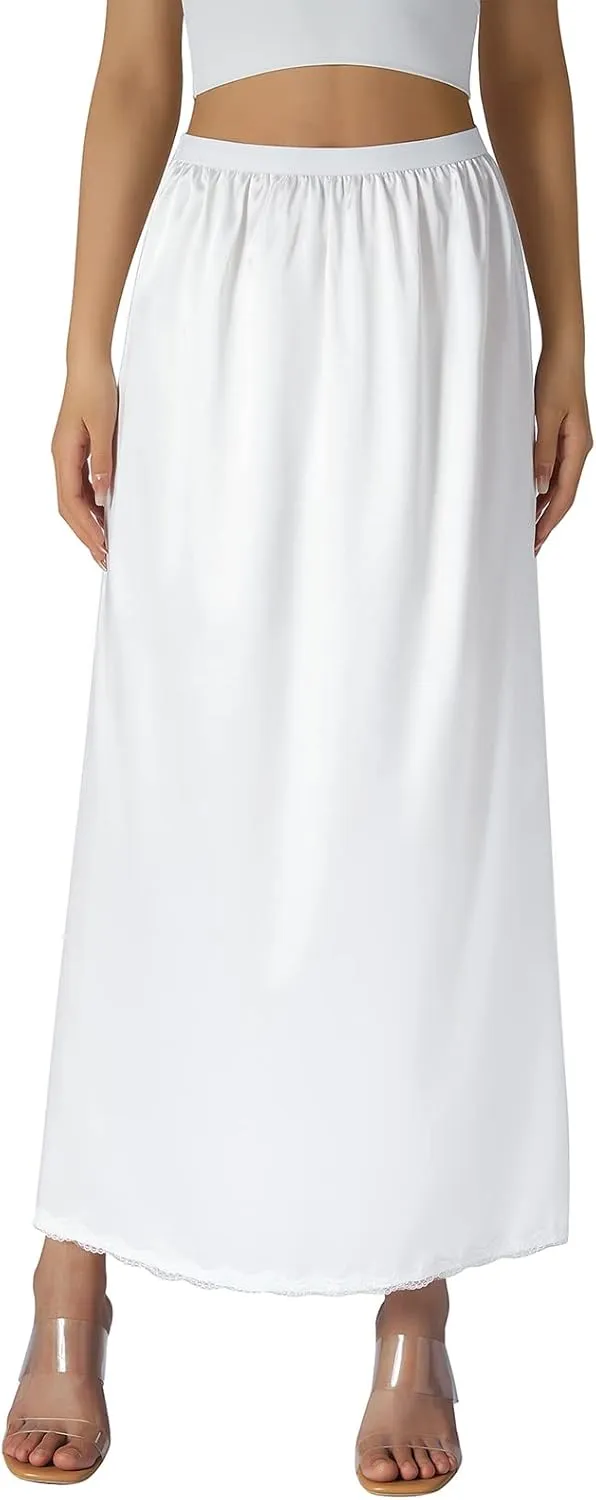 Women Half Slip Soft Satin Half Slip Lace Long Underskirt Half Slips for Under Dresses White/Black/Beige S-XXL