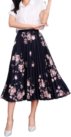 Women High Waisted Midi Long Skirt Spring Summer A-Line Skirt Elegant Printed Flower Pleated Skirt for