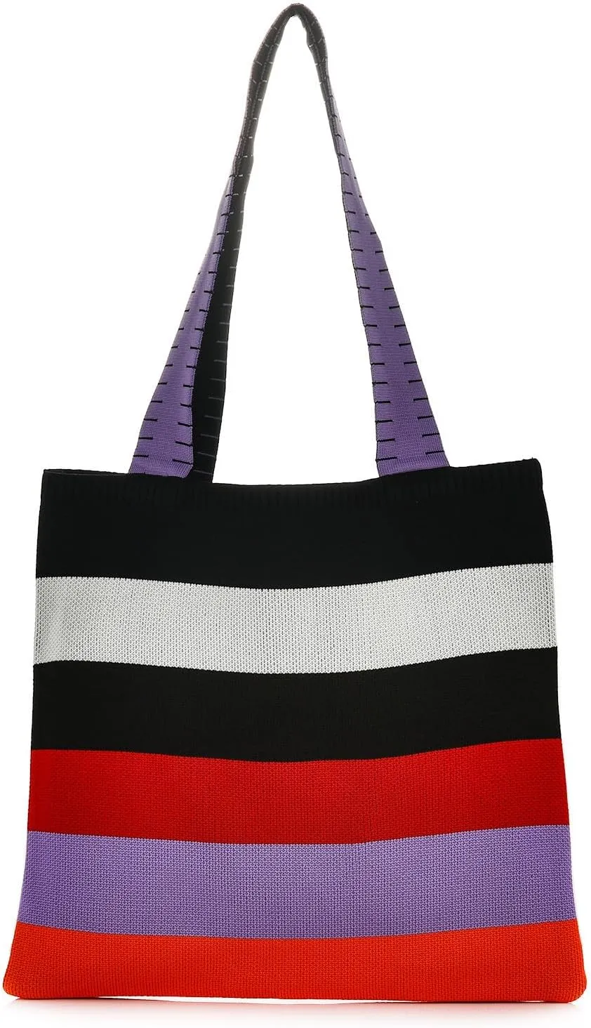 Women Knitted Stripes Shoulder Handbag Rainbow Color Crocheted Tote Bag Travel Beach Working Daily Top-handle Purse