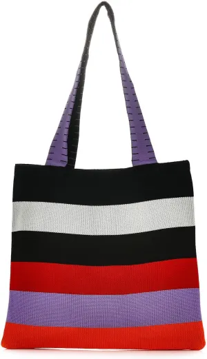 Women Knitted Stripes Shoulder Handbag Rainbow Color Crocheted Tote Bag Travel Beach Working Daily Top-handle Purse