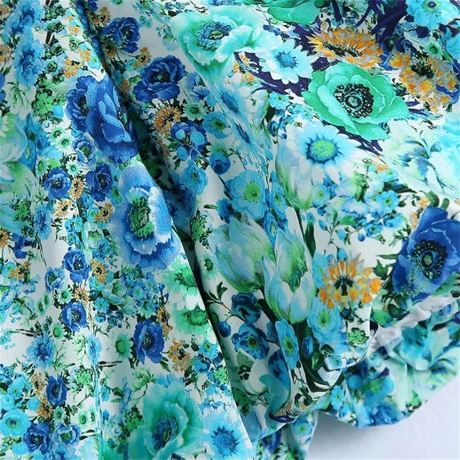 Women Lace Floral Print Pleated Slim Dress Chic Puff Sleeve Vestido Ruffles Mini Dress