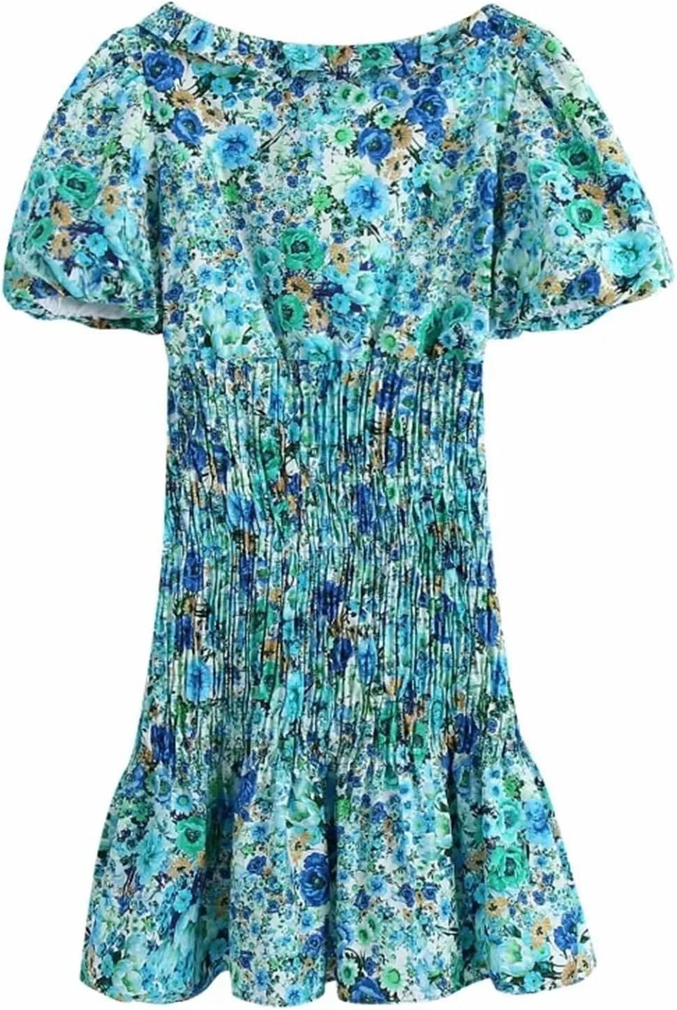 Women Lace Floral Print Pleated Slim Dress Chic Puff Sleeve Vestido Ruffles Mini Dress