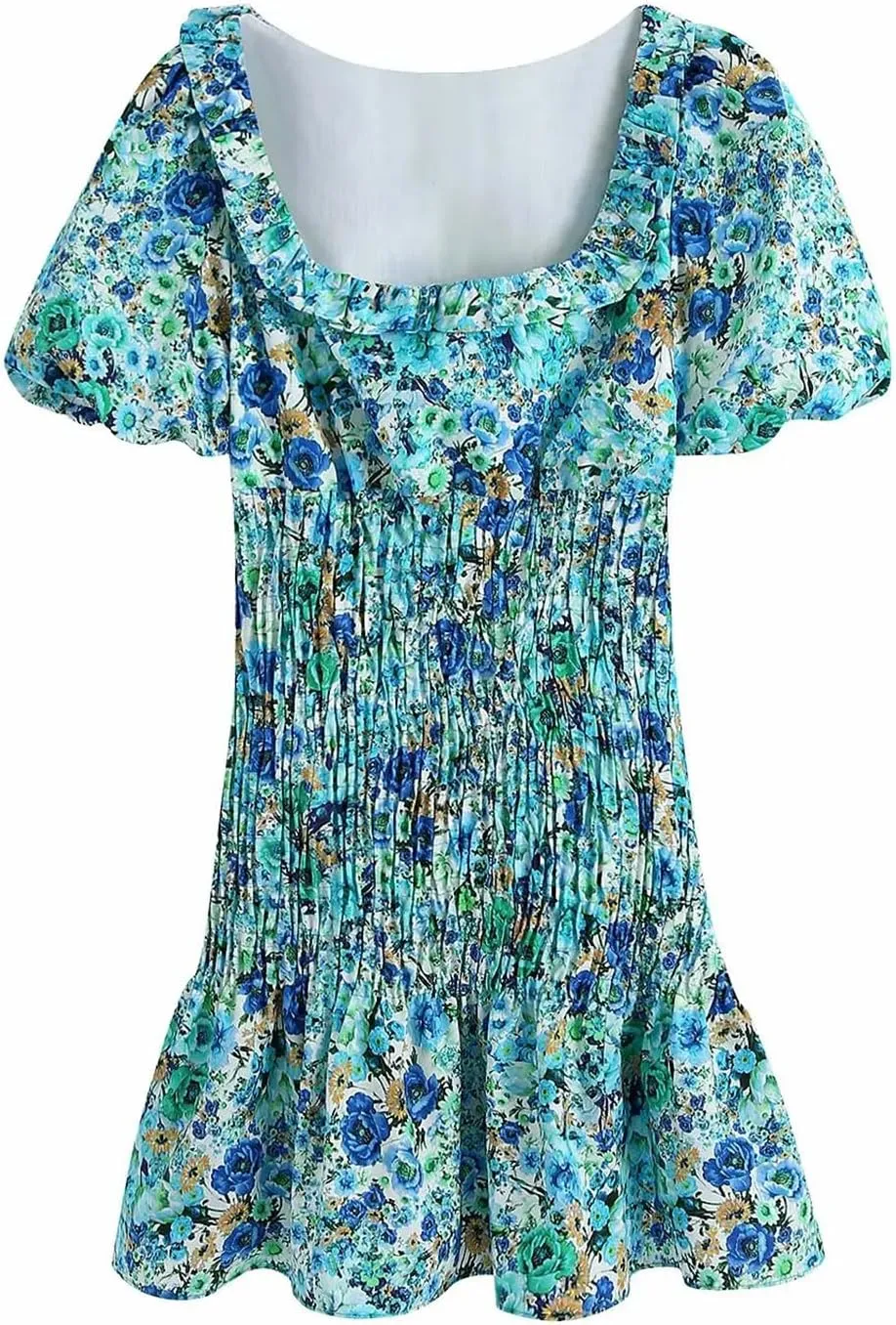 Women Lace Floral Print Pleated Slim Dress Chic Puff Sleeve Vestido Ruffles Mini Dress