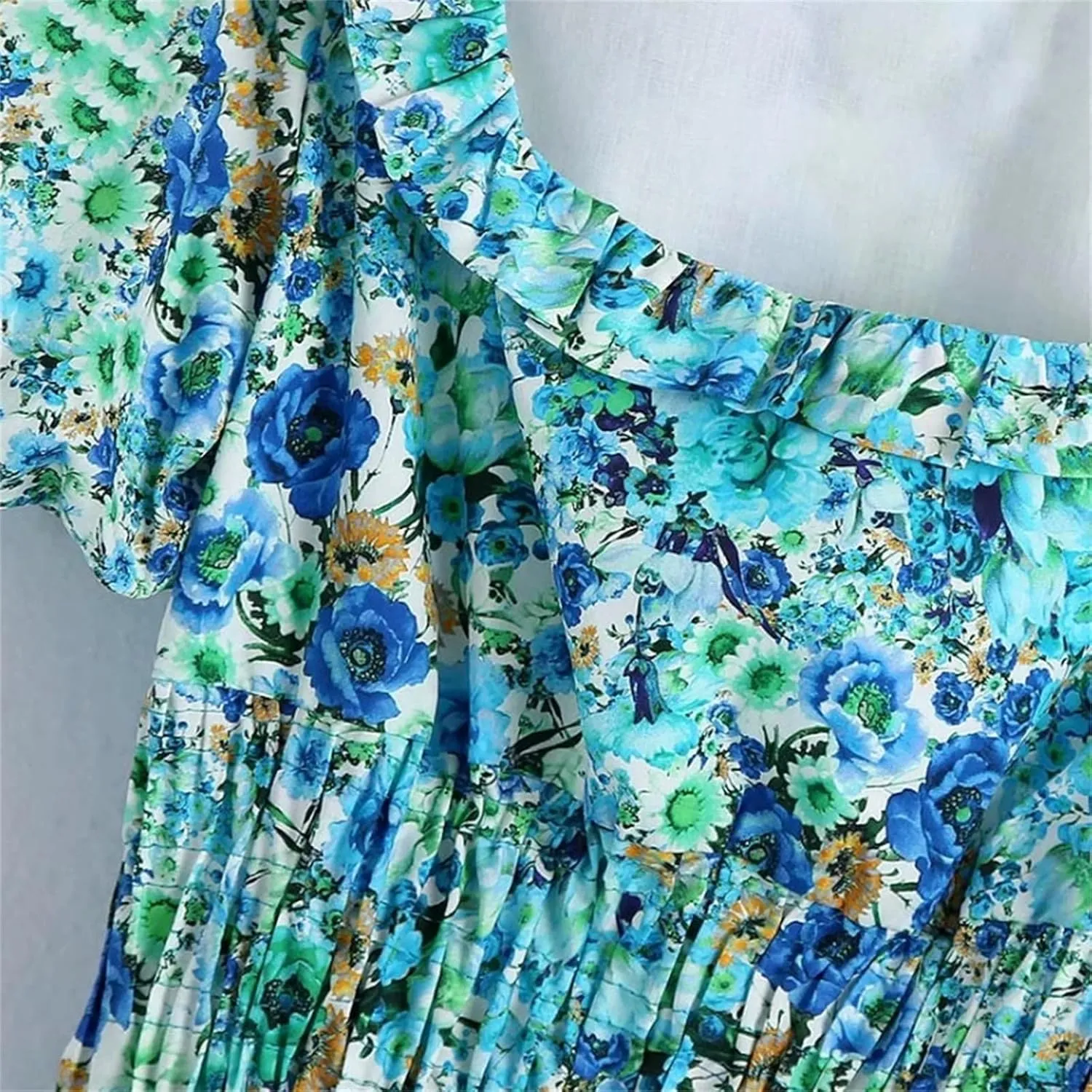 Women Lace Floral Print Pleated Slim Dress Chic Puff Sleeve Vestido Ruffles Mini Dress