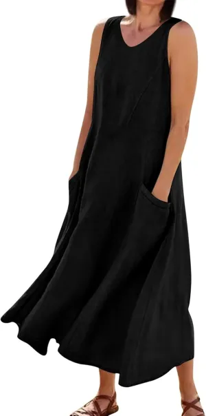 Women Linen Dresses 2025 Summer Cotton Linen Beach Long Dress Sleeveless Elegant Plus Size Maxi Sundress with Pocket