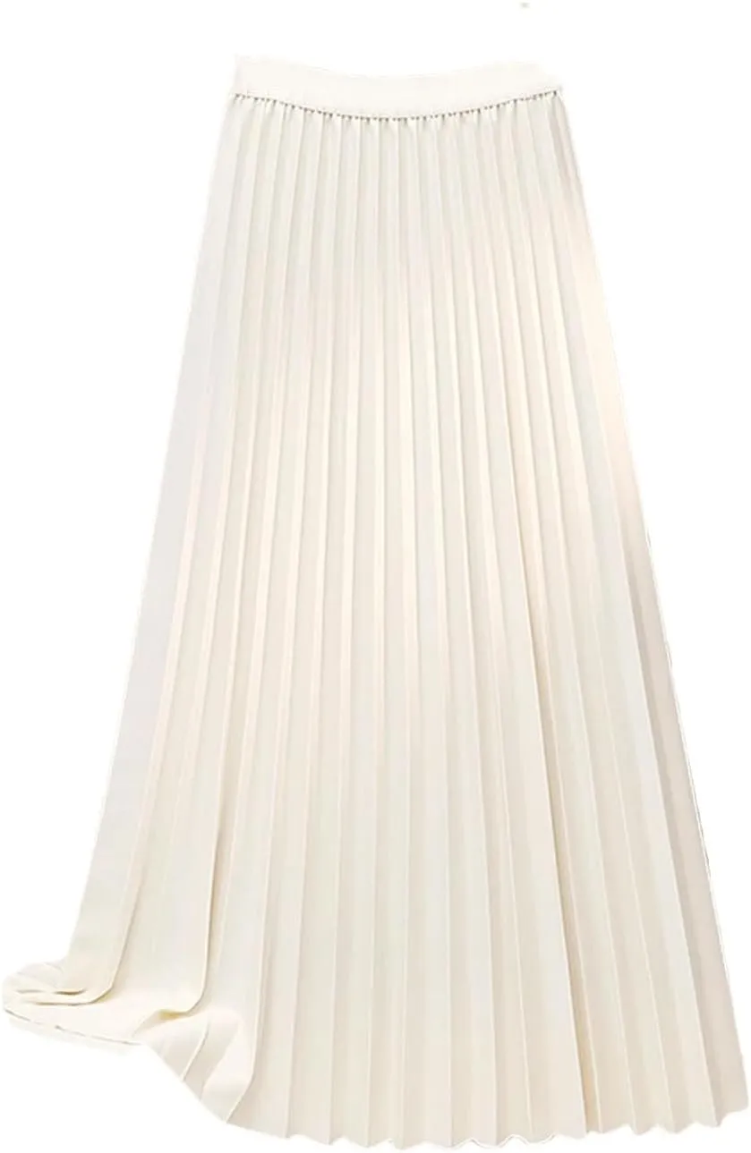 Women Long Pleated Skirt Solid Color Fashion A-Line Elegant Skirts