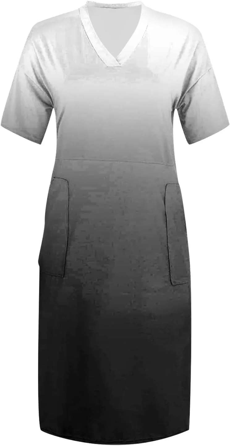 Women Plus Size Short Sleeve Dress Summer Casual Midi Tshirt Dresses V Neck Trendy Loose Sundresses with Pockets
