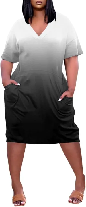 Women Plus Size Short Sleeve Dress Summer Casual Midi Tshirt Dresses V Neck Trendy Loose Sundresses with Pockets