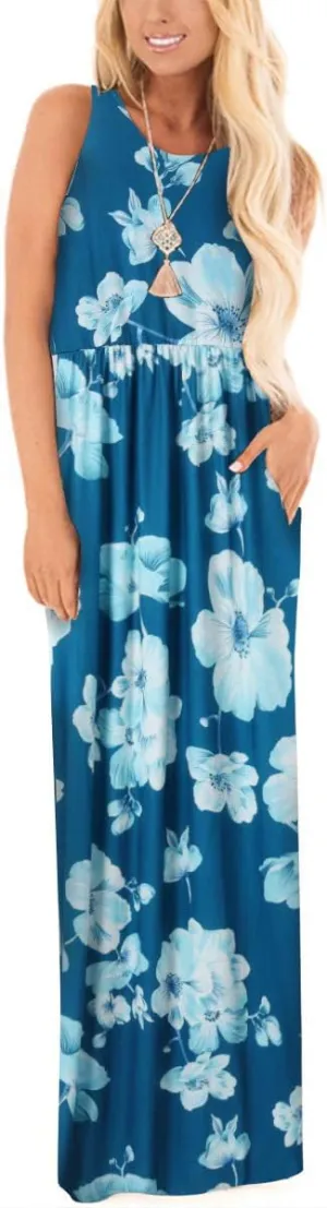Women Racerback Floral Loose Swing Casual Tunic Beach Long Sleeveless Maxi Dresses with Pockets