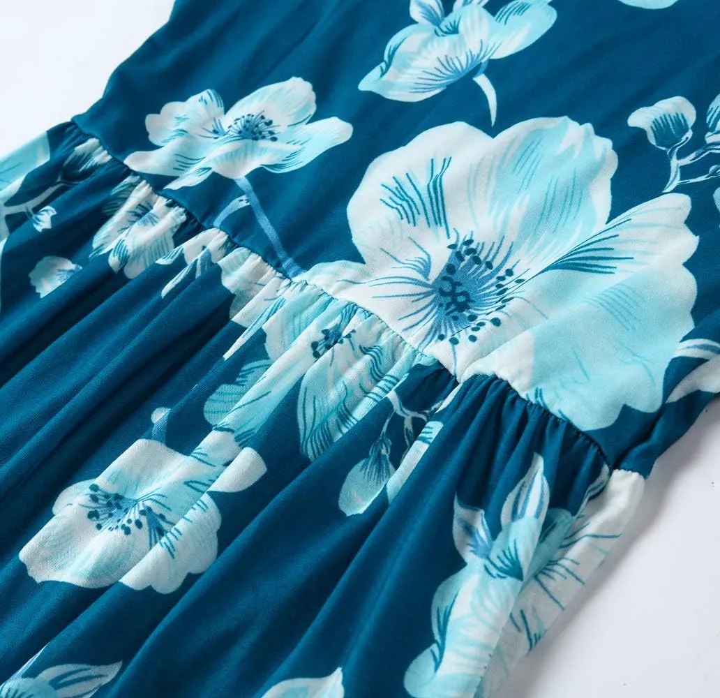 Women Racerback Floral Loose Swing Casual Tunic Beach Long Sleeveless Maxi Dresses with Pockets