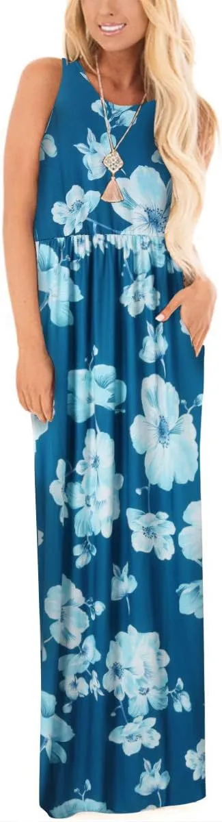 Women Racerback Floral Loose Swing Casual Tunic Beach Long Sleeveless Maxi Dresses with Pockets