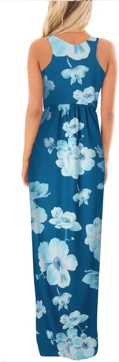 Women Racerback Floral Loose Swing Casual Tunic Beach Long Sleeveless Maxi Dresses with Pockets