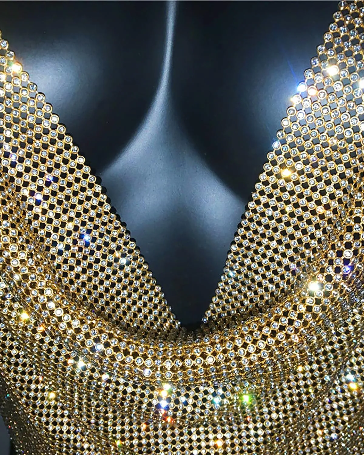 Women Rhinestone Tops Sparkly Sexy Deep V Backless Crop Top Sleeveless Hanging Neck Metal Chain Club Party Clubwear