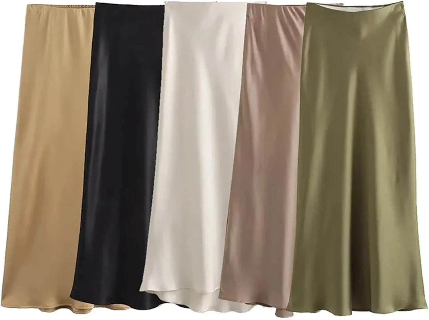 Women Satin Solid Pleated Midi Skirt Vintage Mid Elastic Waist Female Chic Lady Skirts